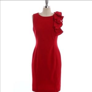 CALVIN KLEIN Red Ruffle Shoulder Sheath Dress